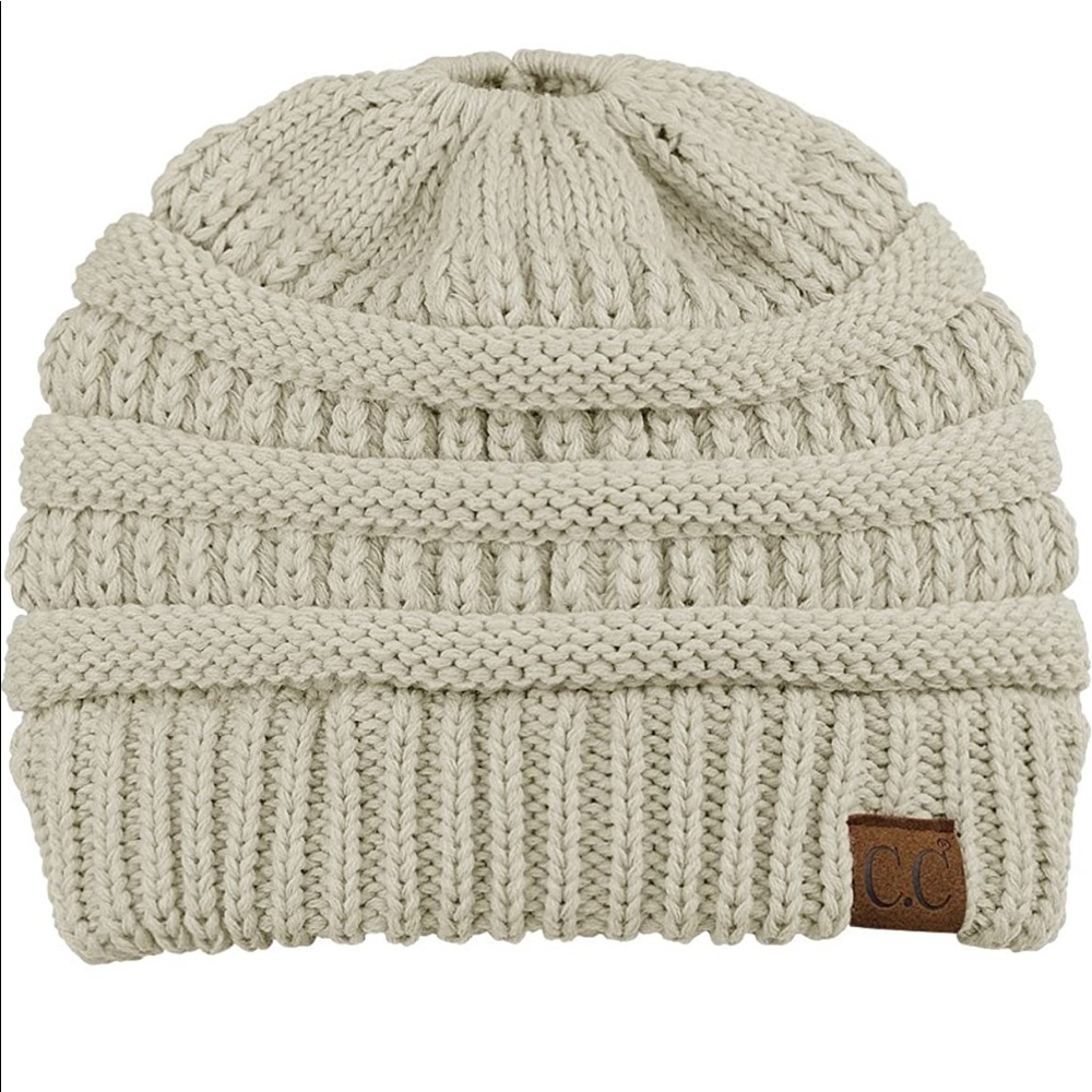 Beige C.C. Soft Stretch Cable Knit Ponytail Beanie Hat